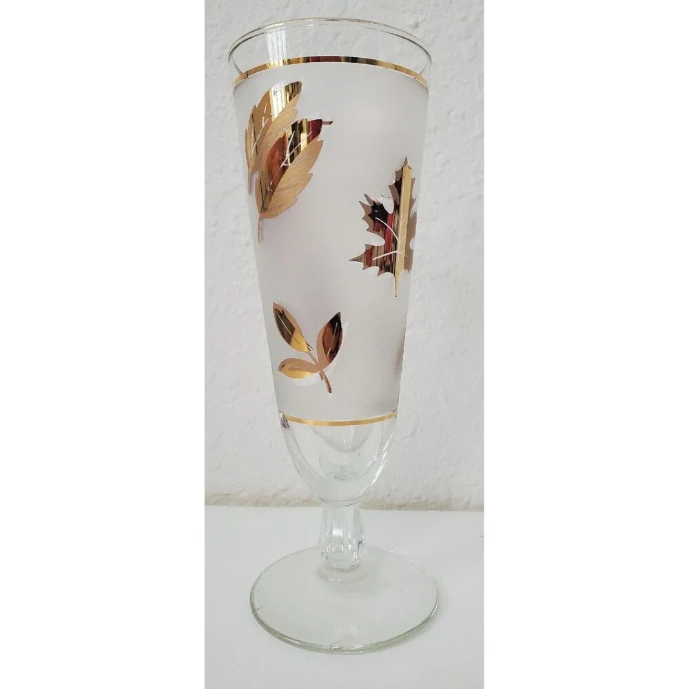 Libbey Gold Leaf Frosted Footed Pilsner Glass Vintage